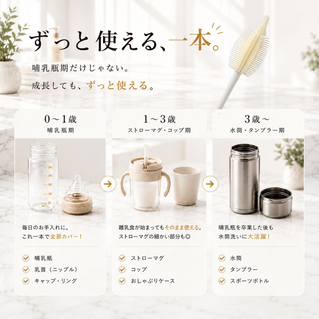 ＜送料無料＞ニップルも洗える哺乳瓶ブラシ　シリコン製 (ベージュ) - ニコミー公式オンラインストア