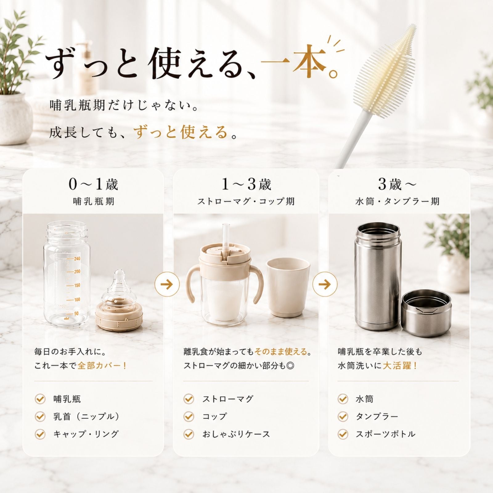 ＜送料無料＞ニップルも洗える哺乳瓶ブラシ　シリコン製 (ベージュ) - ニコミー公式オンラインストア