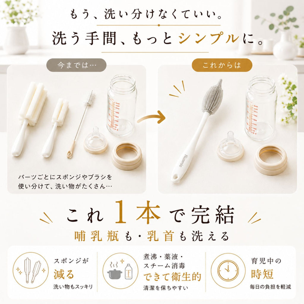 ＜送料無料＞ニップルも洗える哺乳瓶ブラシ　シリコン製 (ベージュ) - ニコミー公式オンラインストア