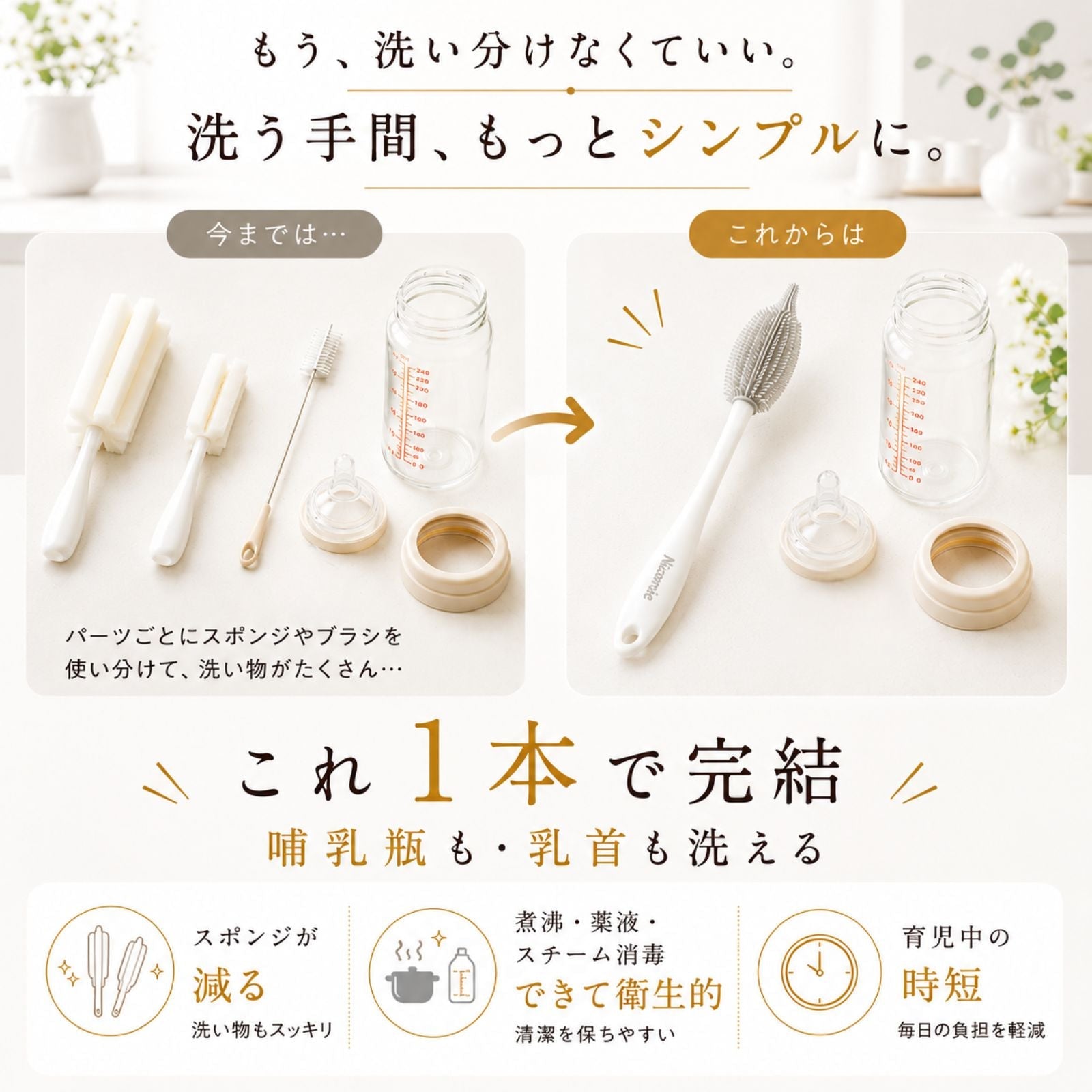 ＜送料無料＞ニップルも洗える哺乳瓶ブラシ　シリコン製 (ベージュ) - ニコミー公式オンラインストア